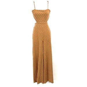 LeRumi Sonia brown polkadot wide leg jumpsuit tie open back boho coastal retro S